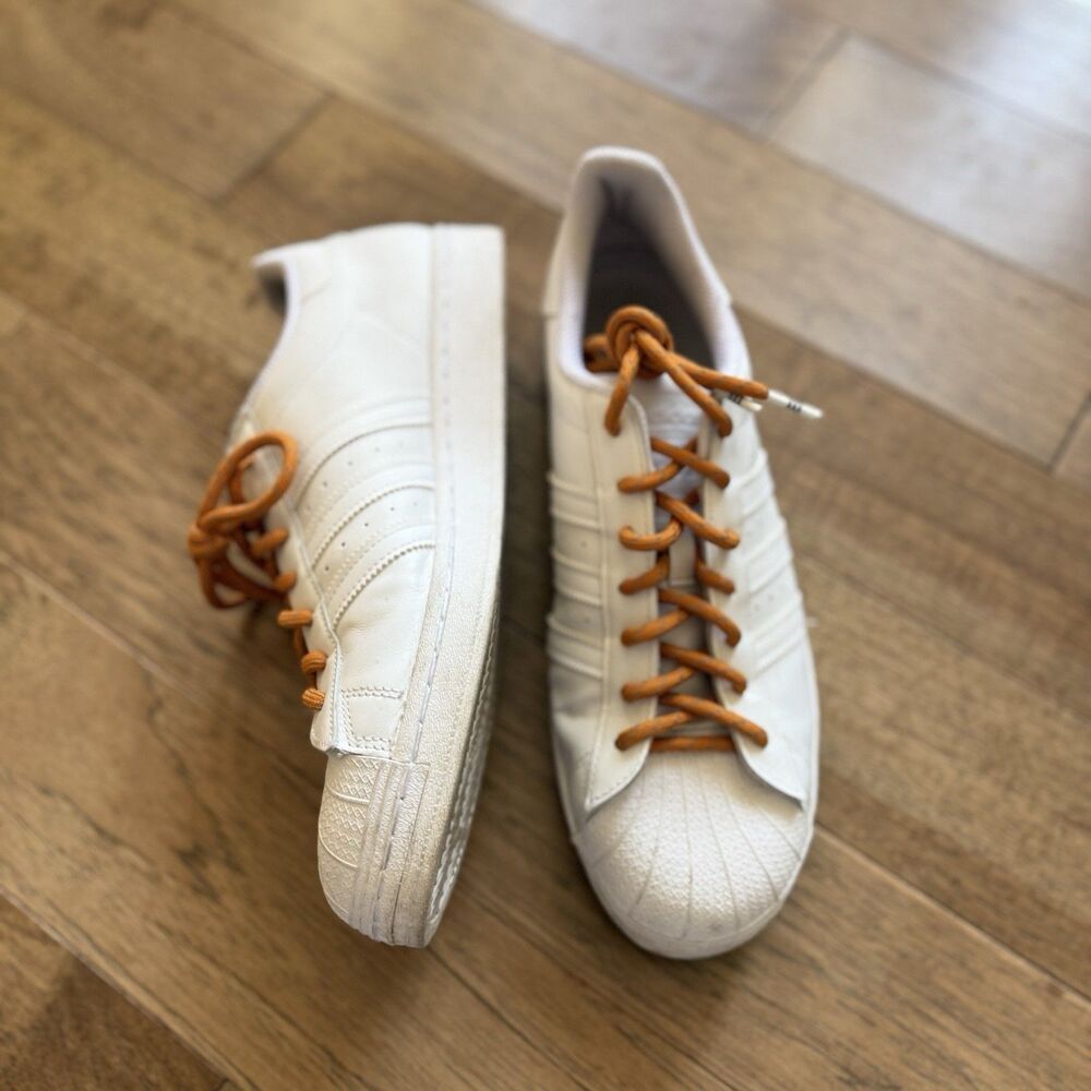 Size 12 Adidas Superstar "White Ecru Tin" Orange Leather Shoes